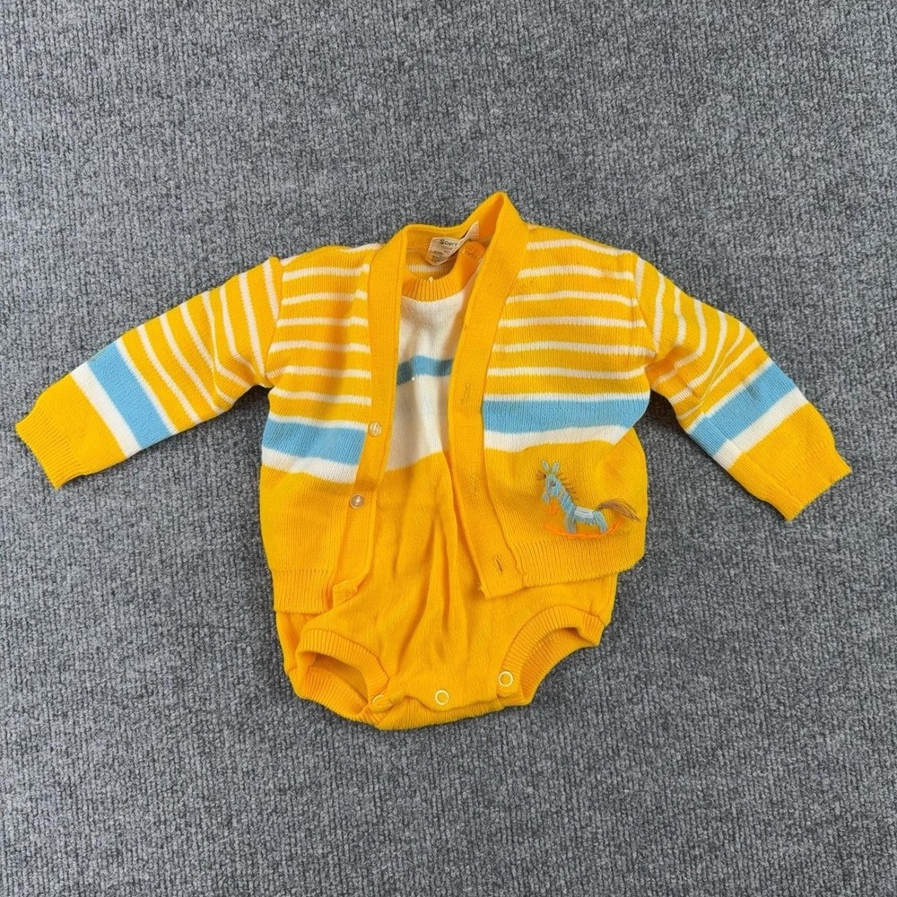 VTG Soft Spun Boys 6-9 Months Yellow Striped Knit Romper & Cardigan Sweater Set